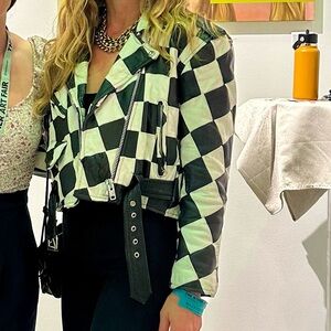 Vintage Checkered Leather Moto Jacket – Rare Statement Piece